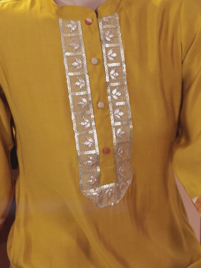 Mustard Embroidered Silk Blend Straight Kurta With Trousers & Dupatta