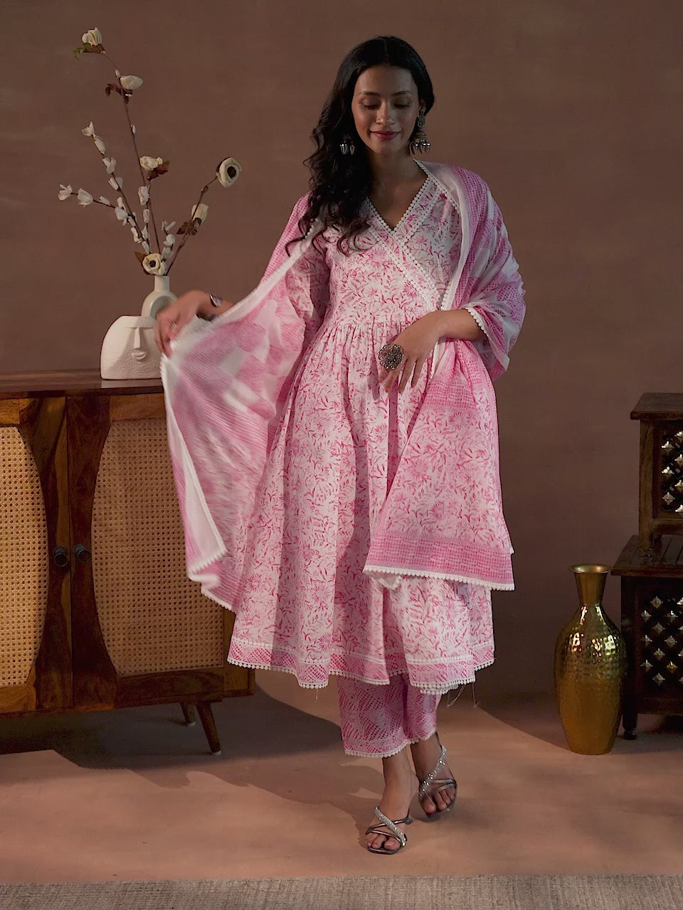  Tabassum Pink Printed Cotton A-Line Kurta With Palazzos & Dupatta 