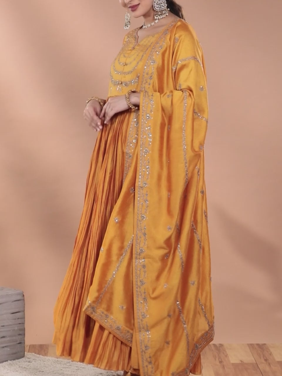  Yellow Embroidered Silk Blend Anarkali Kurta With Trousers & Dupatta 