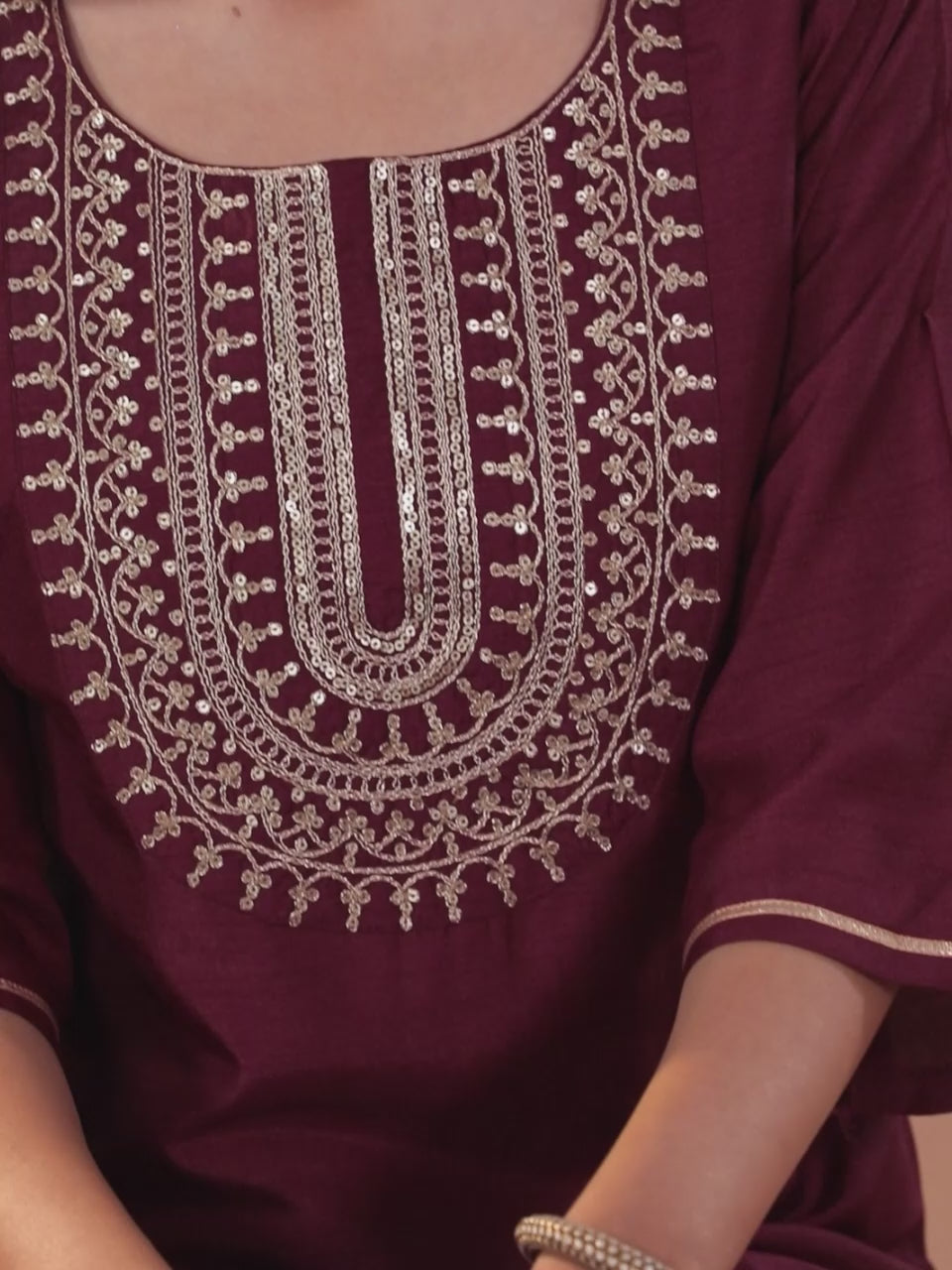 Burgundy Yoke Design Silk Blend Straight Kurta With Salwar & Dupatta