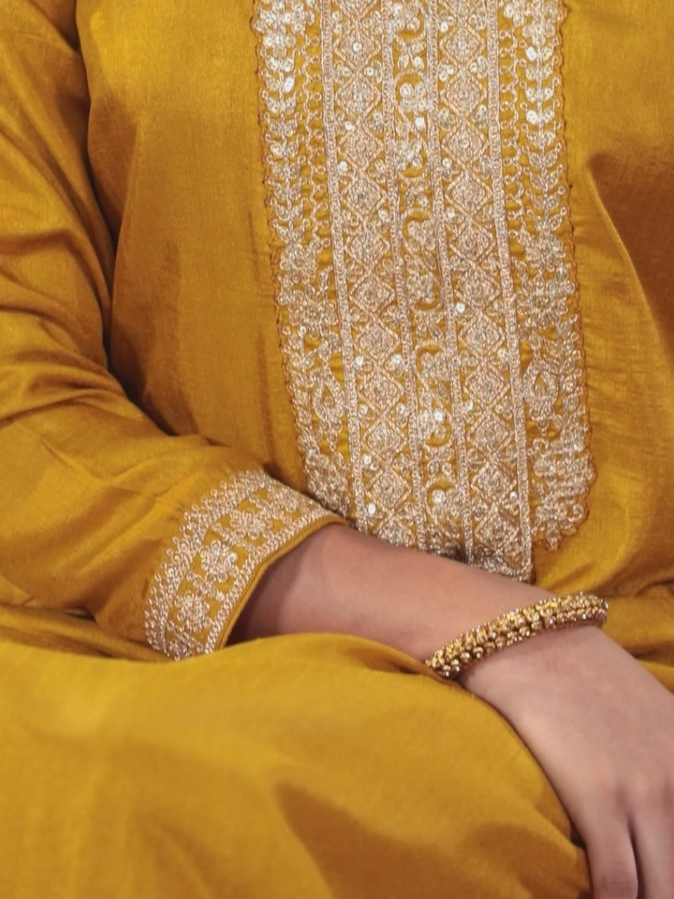  Mustard Printed Silk Blend Straight Kurta With Trousers & Dupatta 