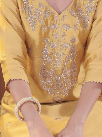 Yellow Embroidered Chanderi Silk Straight Suit With Dupatta