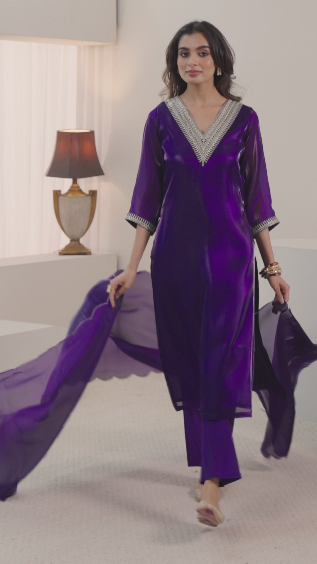  Gerua Purple Yoke Design Straight Suit Set 