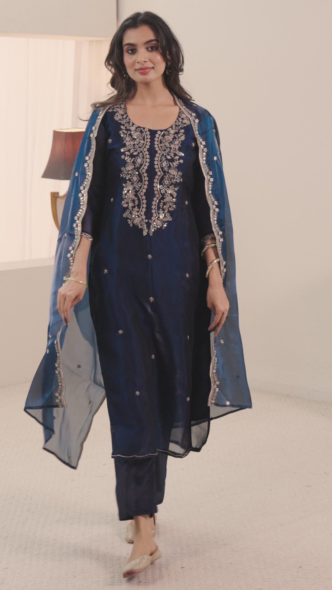  Libas Blue Floral Embroidered Tissue Straight Suit Set 