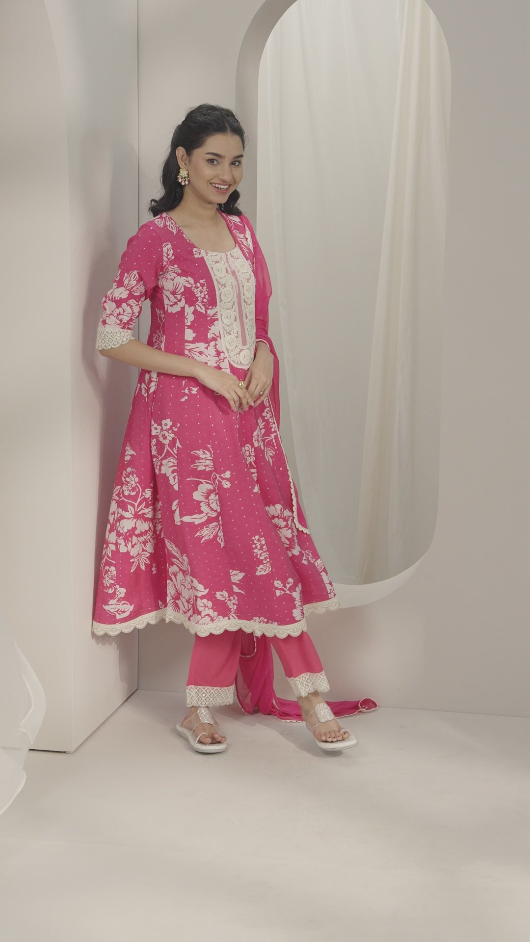  Pink Printed Silk Blend Anarkali Suit Set With Dupatta 