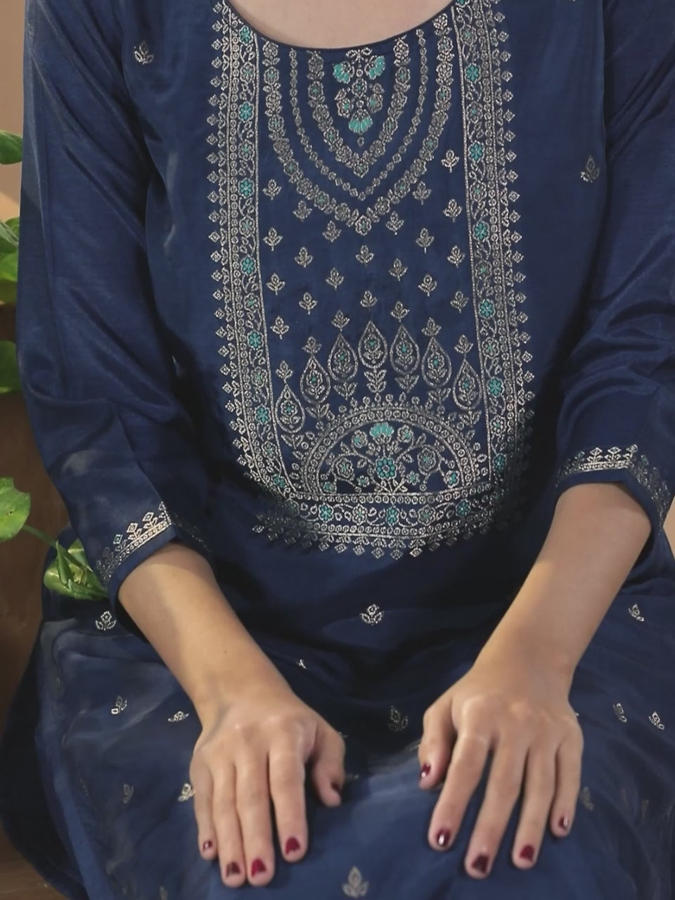  Blue Self Design Silk Blend Straight Kurta With Trousers & Dupatta 