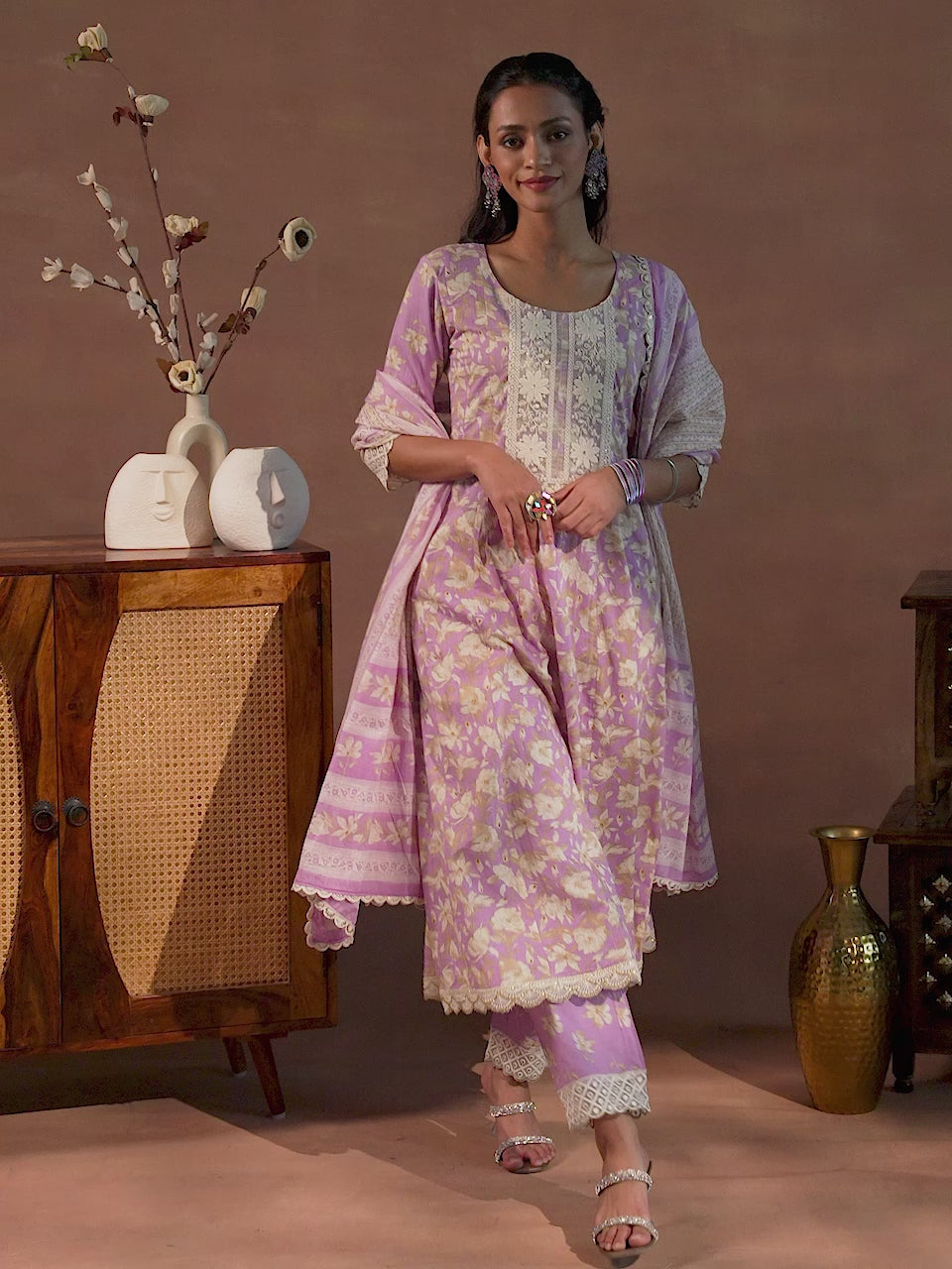  Dilbaro Purple Printed Cotton A-Line Kurta With Trousers & Dupatta 