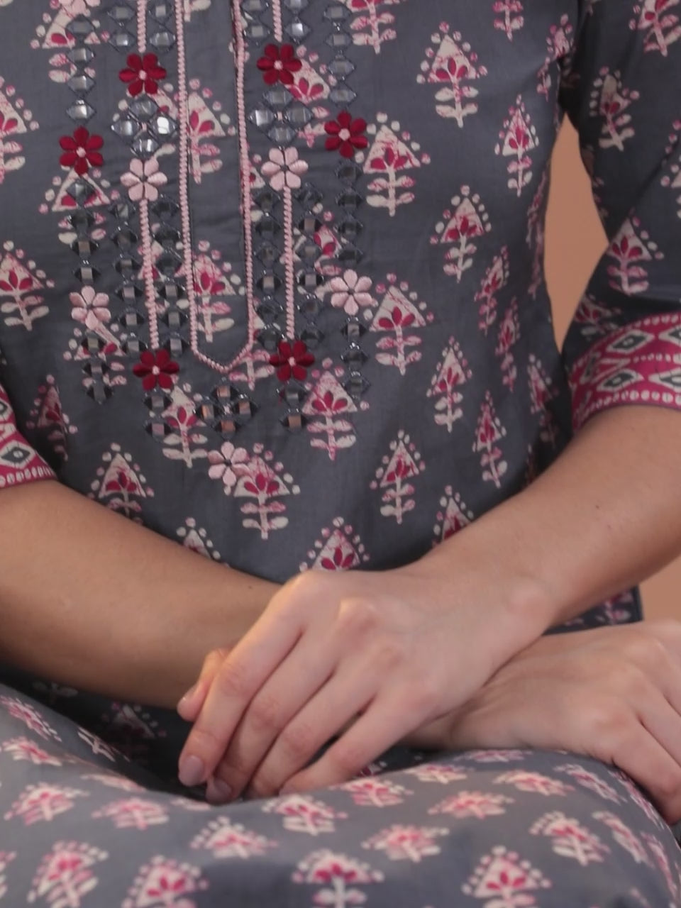  Grey Printed Cotton Straight Kurta With Trousers & Dupatta 