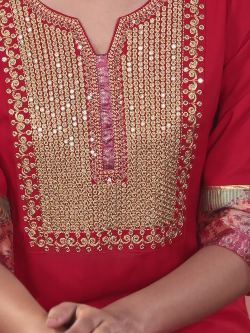  Red Yoke Design Rayon Straight Kurta With Trousers & Dupatta 