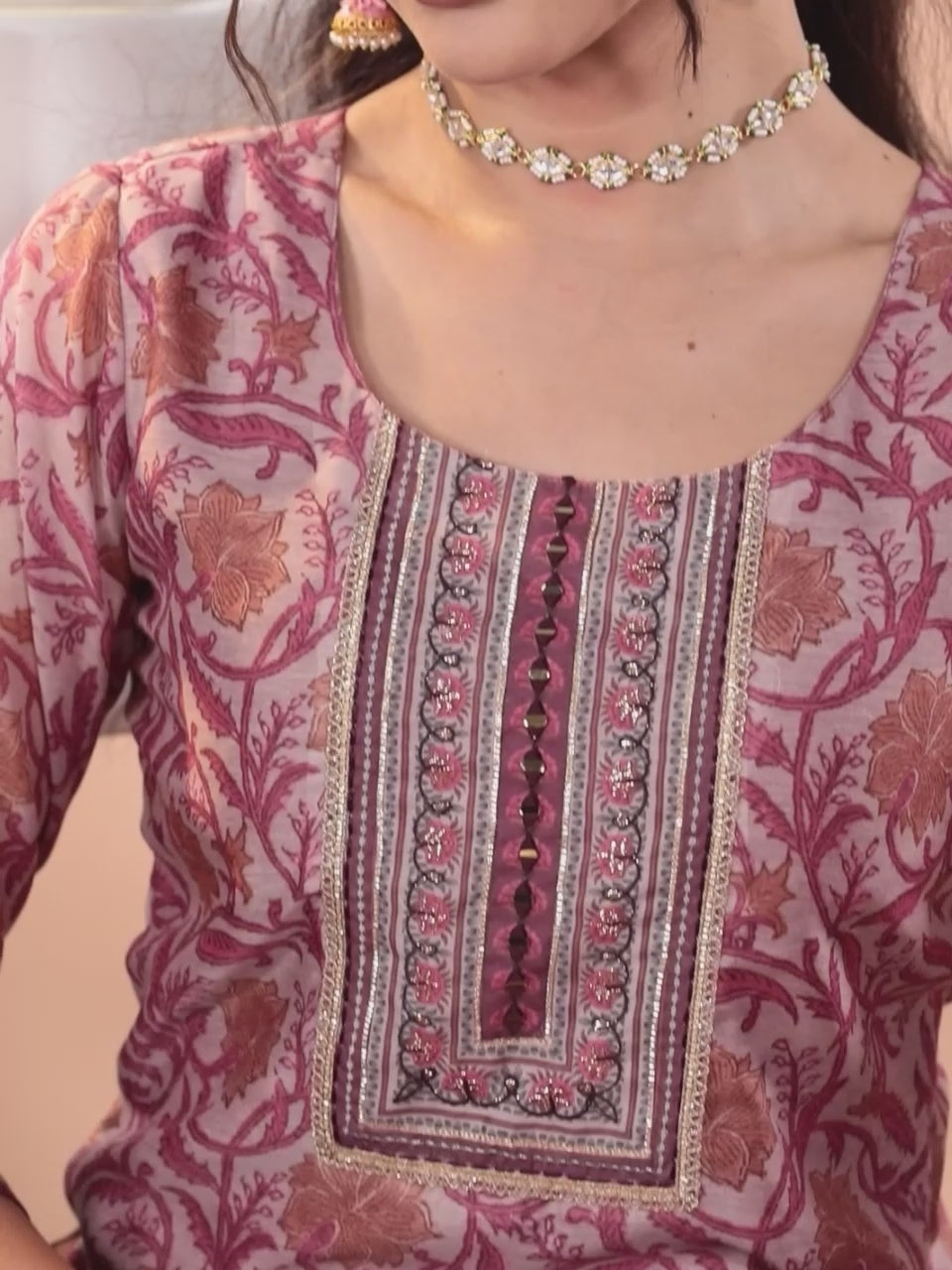  Mauve Yoke Design Silk Blend Straight Kurta With Trousers & Dupatta 