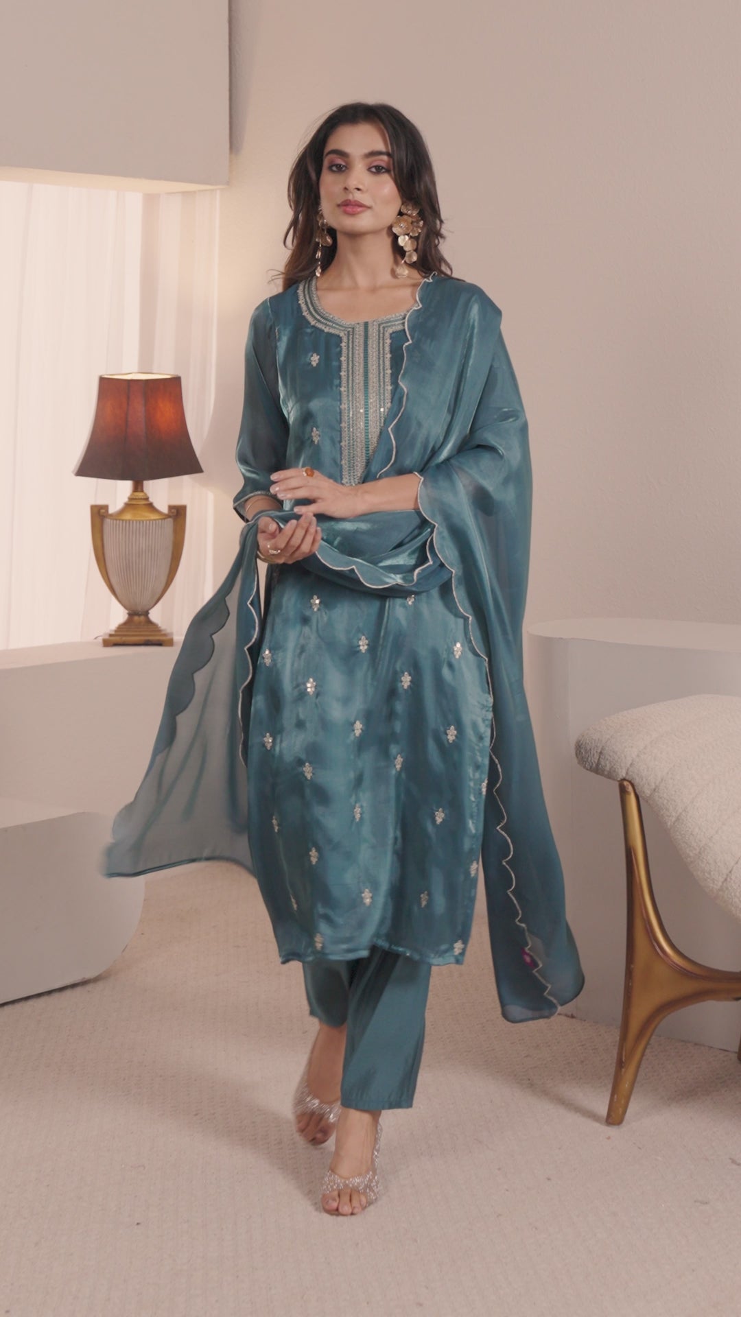  Gerua Teal Ethnic Embroidered Straight Suit Set 