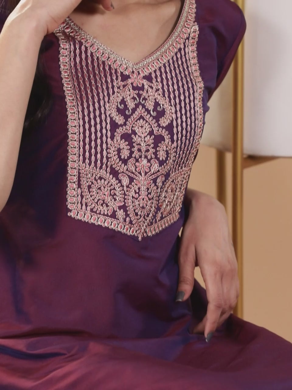  Burgundy Yoke Design Silk Blend Straight Kurta With Trousers & Dupatta 