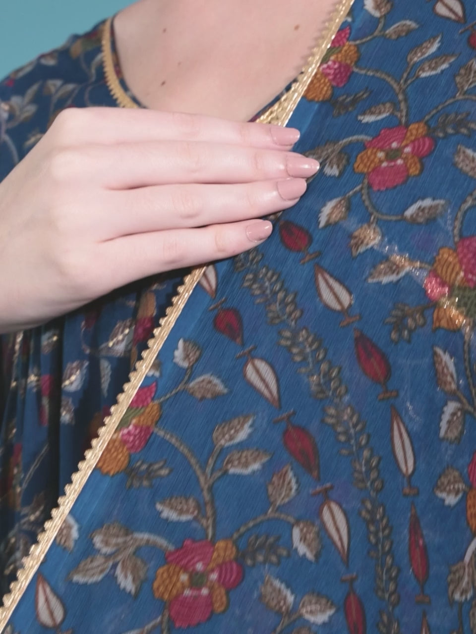  Blue Printed Silk Blend A-Line Kurta With Trousers & Dupatta 
