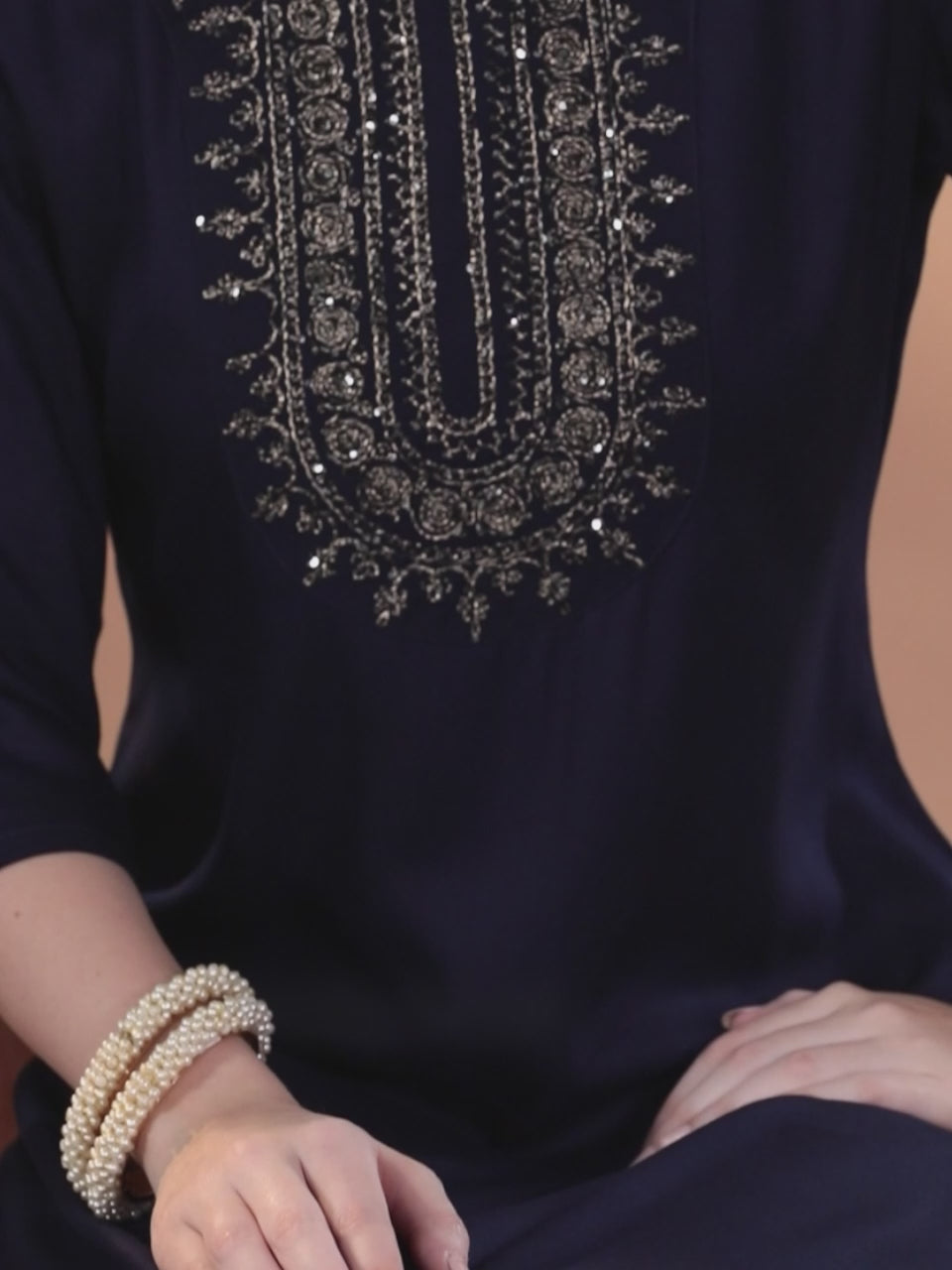  Blue Yoke Design Wool Blend Straight Kurta Set 