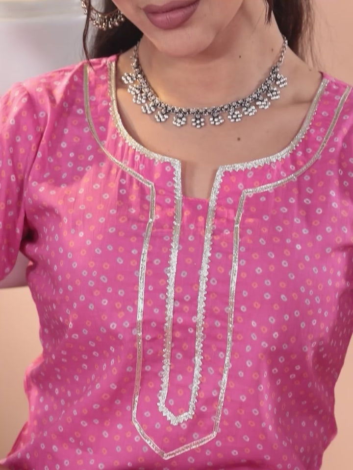 Pink Printed Cotton Straight Kurta With Palazzos & Dupatta