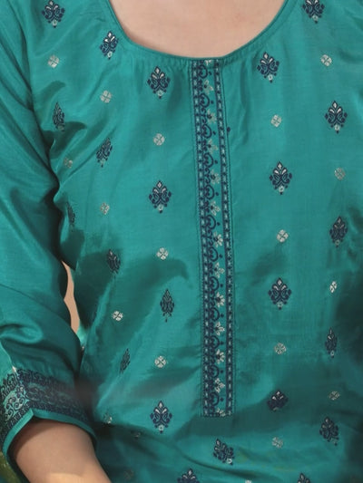 Turquoise Blue Self Design Silk Blend Straight Kurta With Trousers & Dupatta