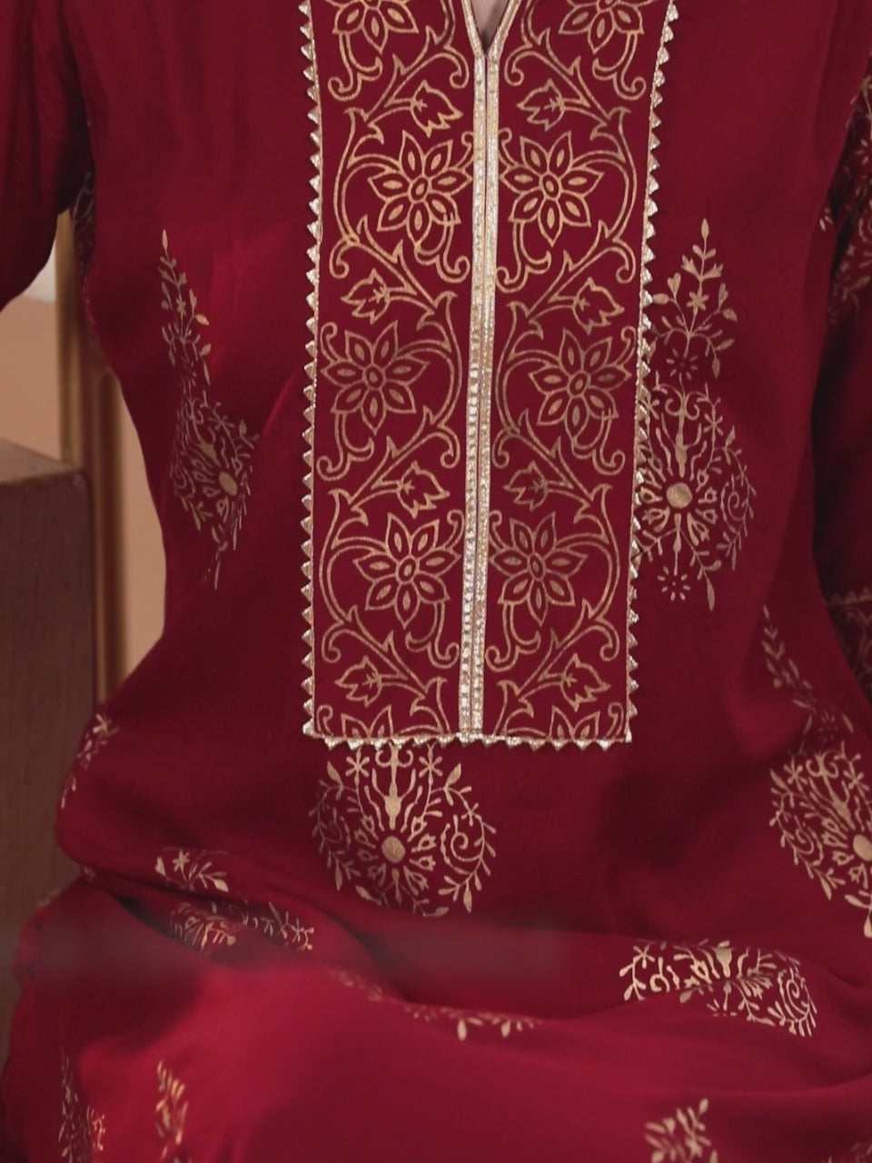  Maroon Printed Rayon Straight Kurta With Palazzos & Dupatta 