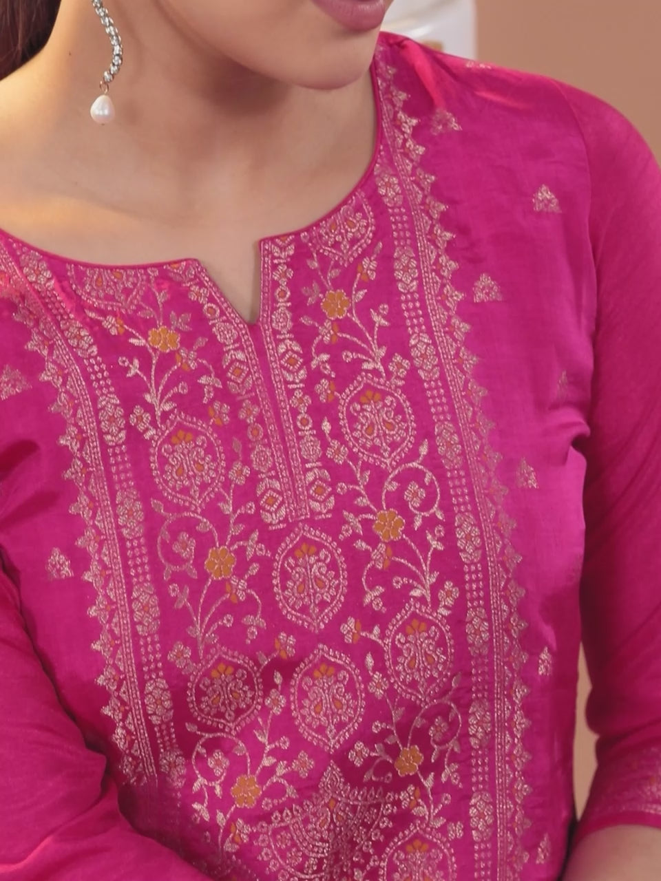  Magenta Self Design Silk Blend Straight Kurta With Trousers & Dupatta 