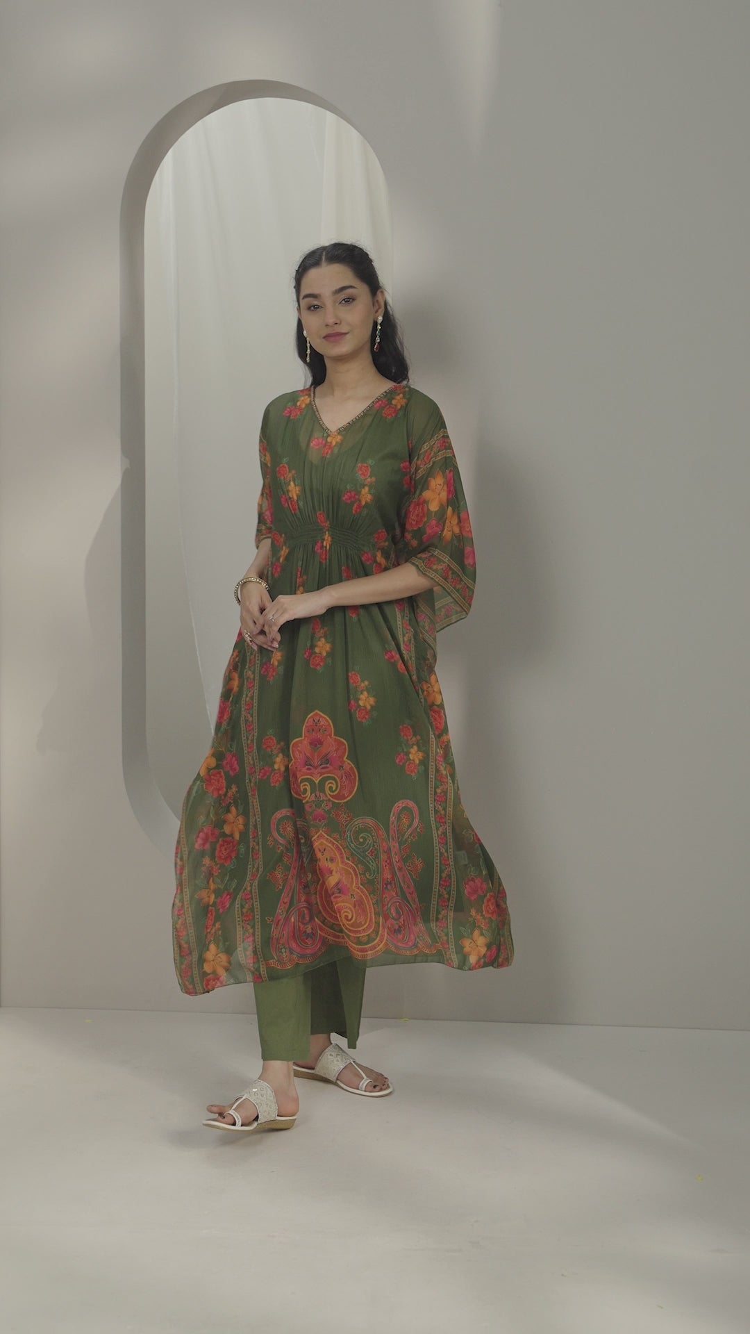  Green Printed Chiffon Kaftan Kurta Set 