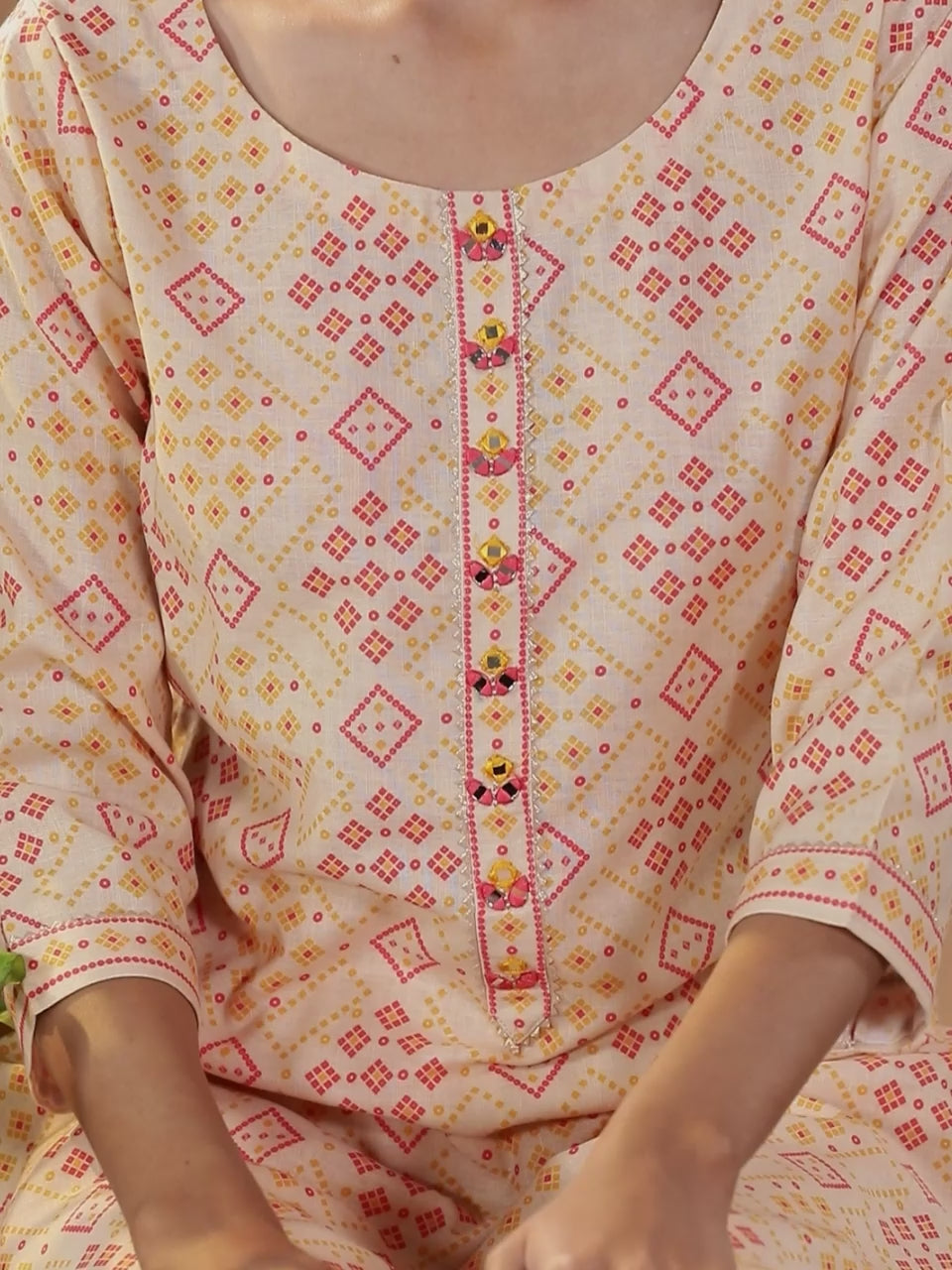  Beige Printed Cotton Straight Kurta With Trousers 