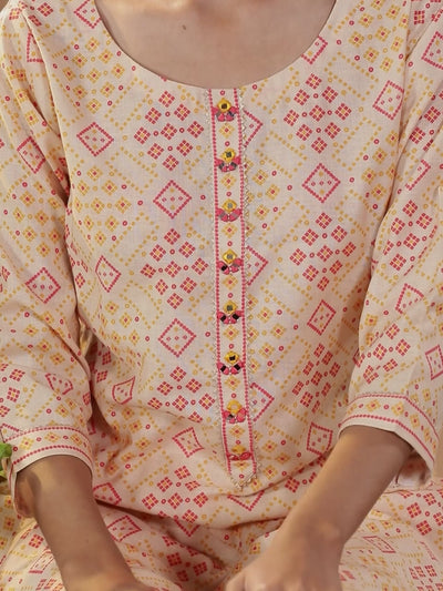 Beige Printed Cotton Straight Kurta With Trousers
