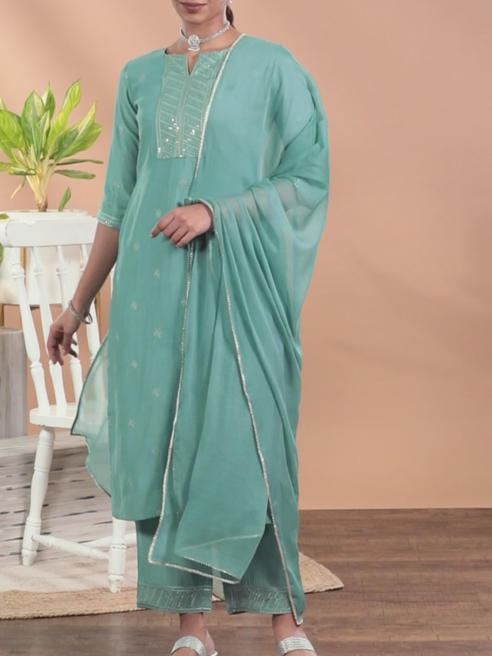  Blue Embroidered Silk Blend Straight Kurta With Trousers & Dupatta 
