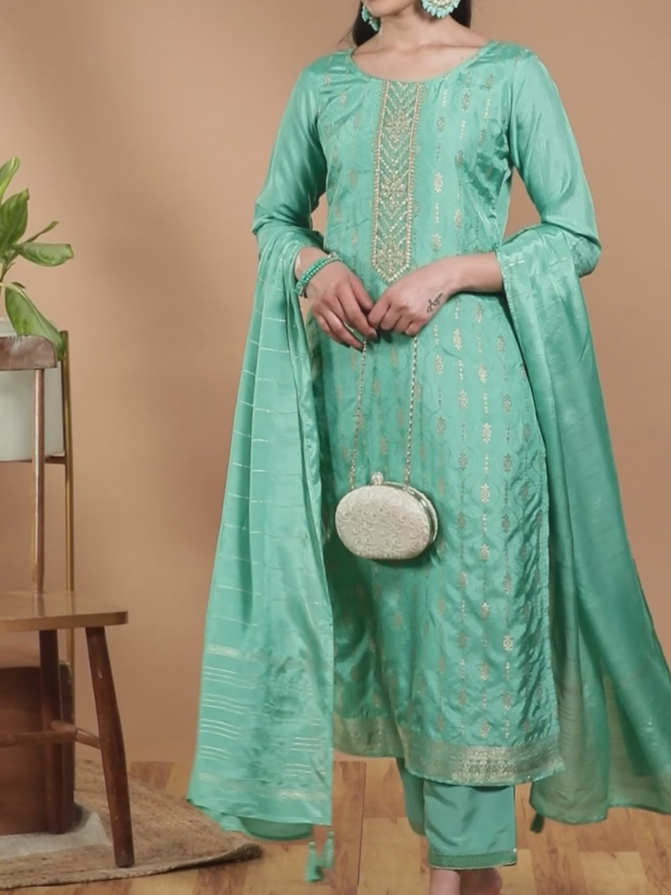  Turquoise Blue Embroidered Silk Blend Straight Kurta With Trousers & Dupatta 
