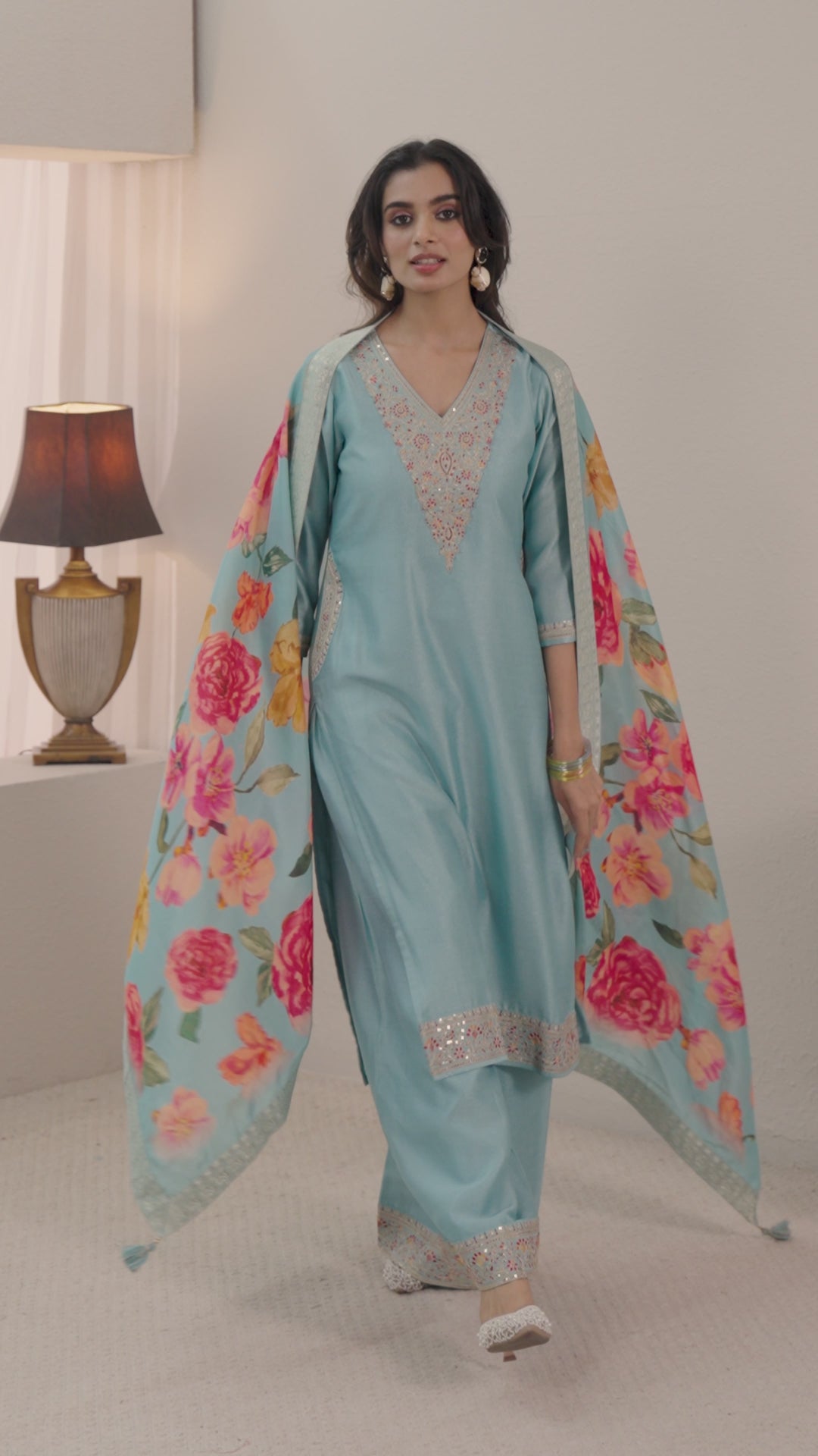  Libas Mridula Blue Embellished Silk Blend Straight Suit Set 