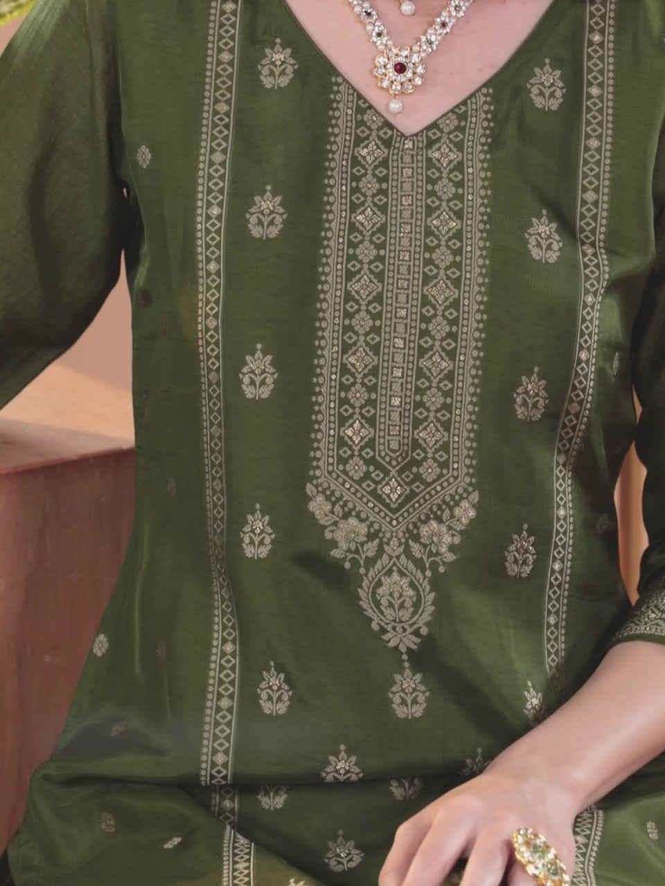  Green Woven Design Silk Blend Pakistani Suit 