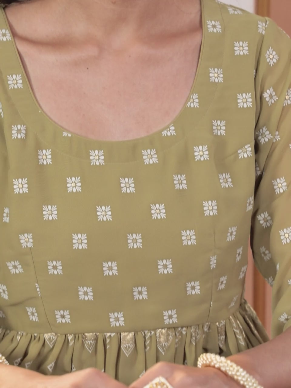  Olive Printed Georgette A-Line Kurta With Palazzos & Dupatta 
