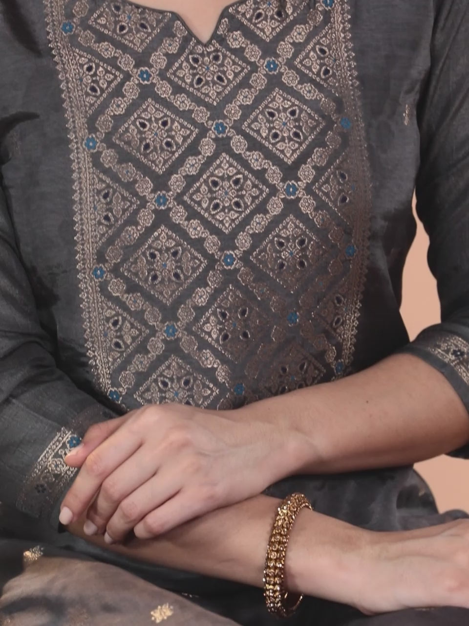  Grey Self Design Silk Blend Straight Kurta With Trousers & Dupatta 