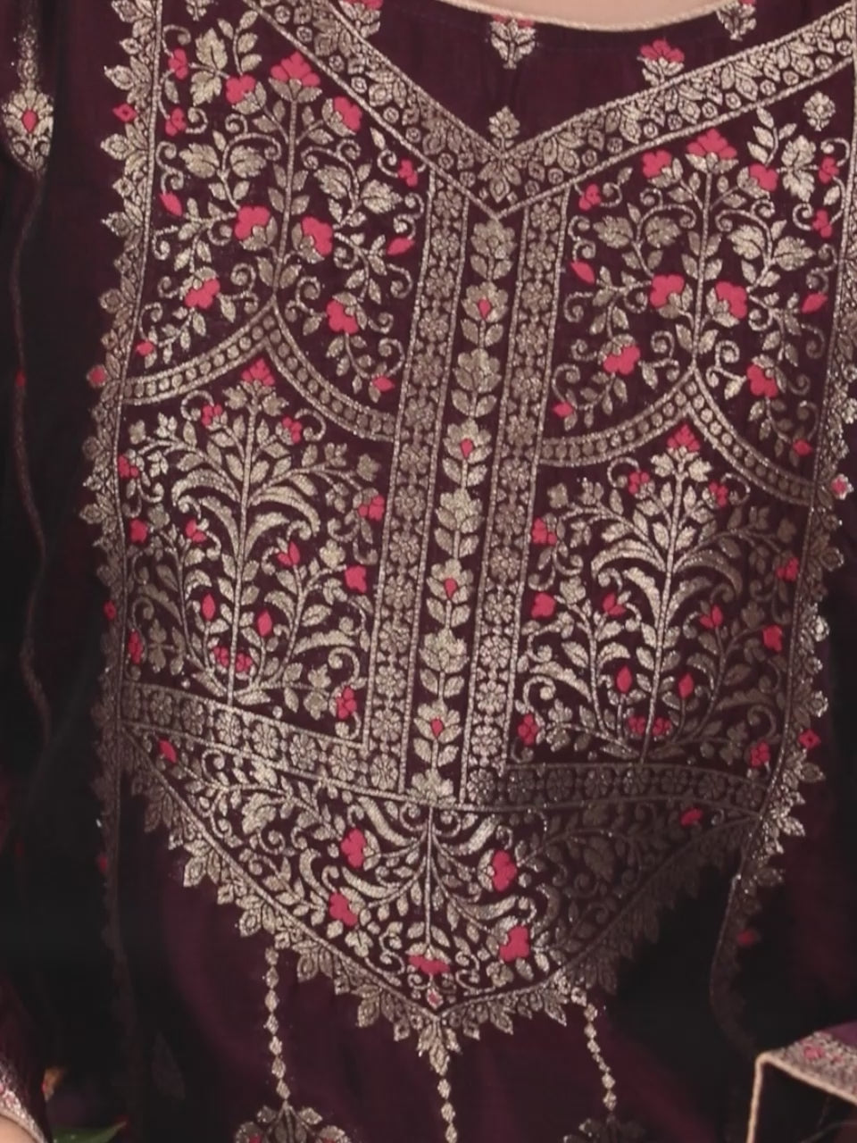  Burgundy Woven Design Silk Blend Straight Kurta With Trousers & Dupatta 