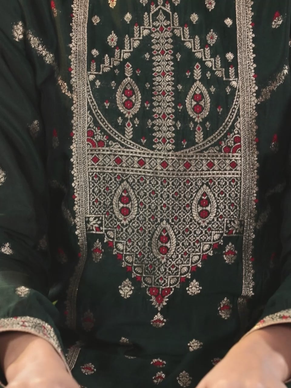  Green Woven Design Silk Blend Straight Kurta With Trousers & Dupatta 