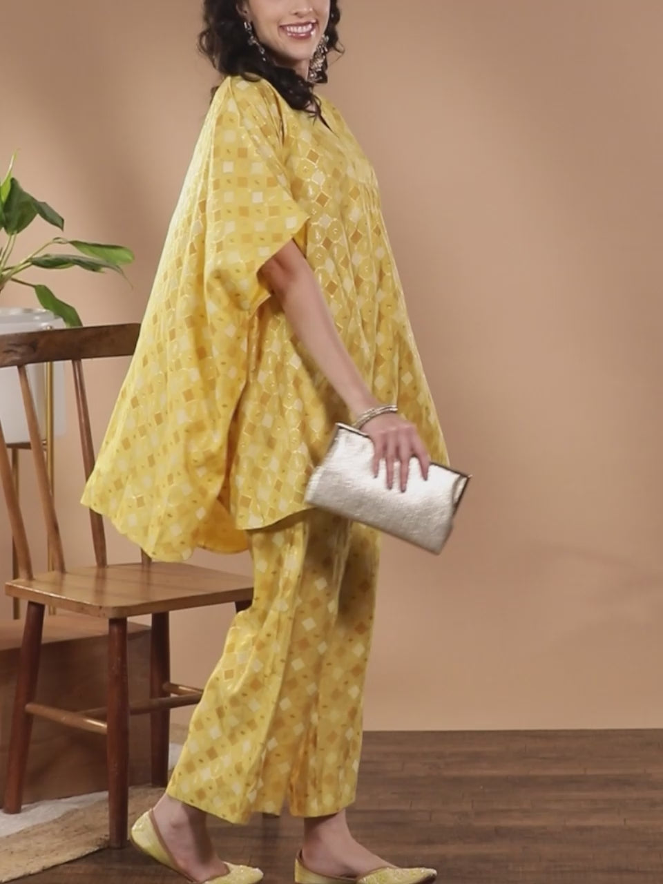  Mustard Printed Silk Blend Kaftan With Palazzos 