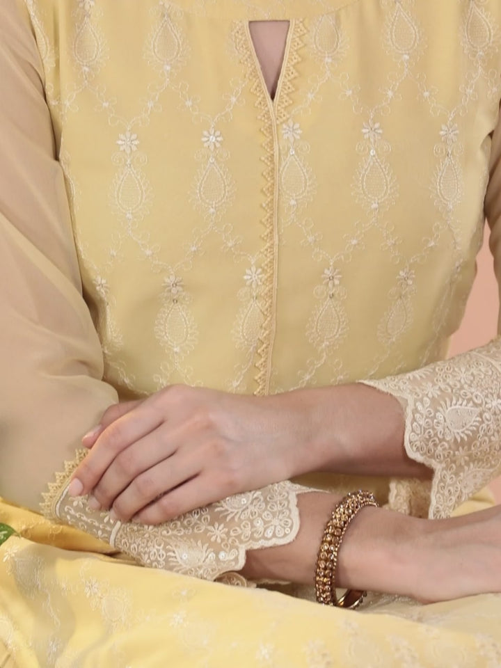 Yellow Embroidered Georgette Straight Kurta With Trousers & Dupatta