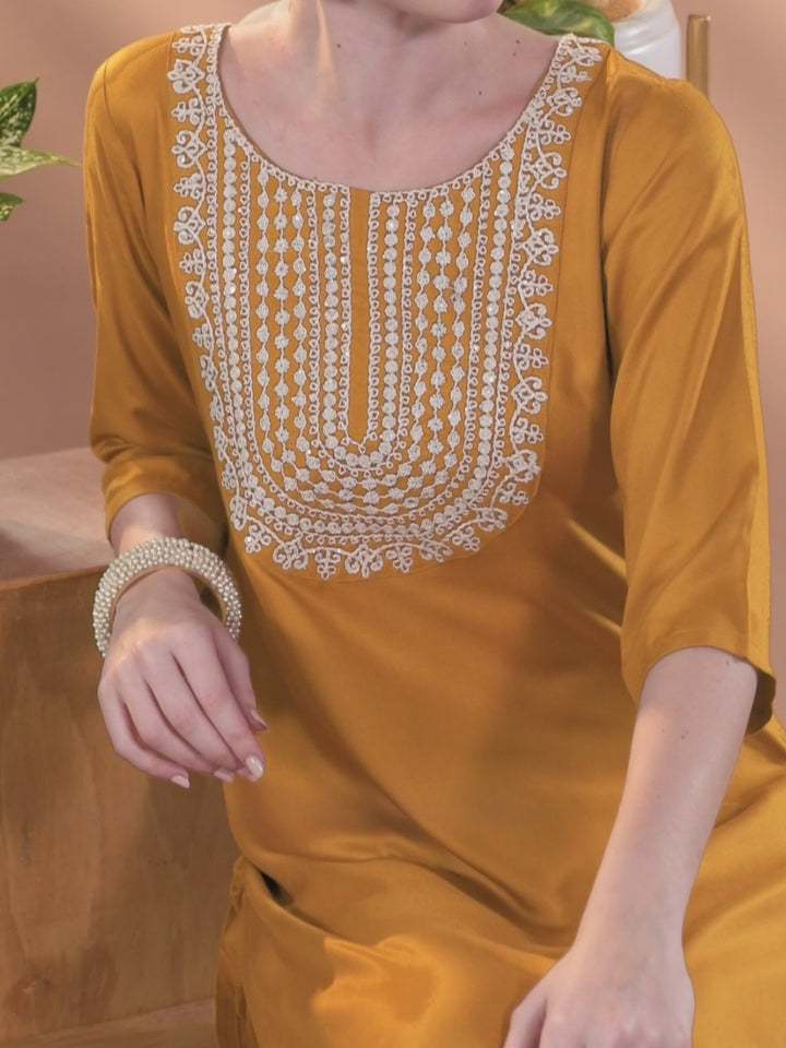 Mustard Yoke Design Wool Blend Straight Kurta Set