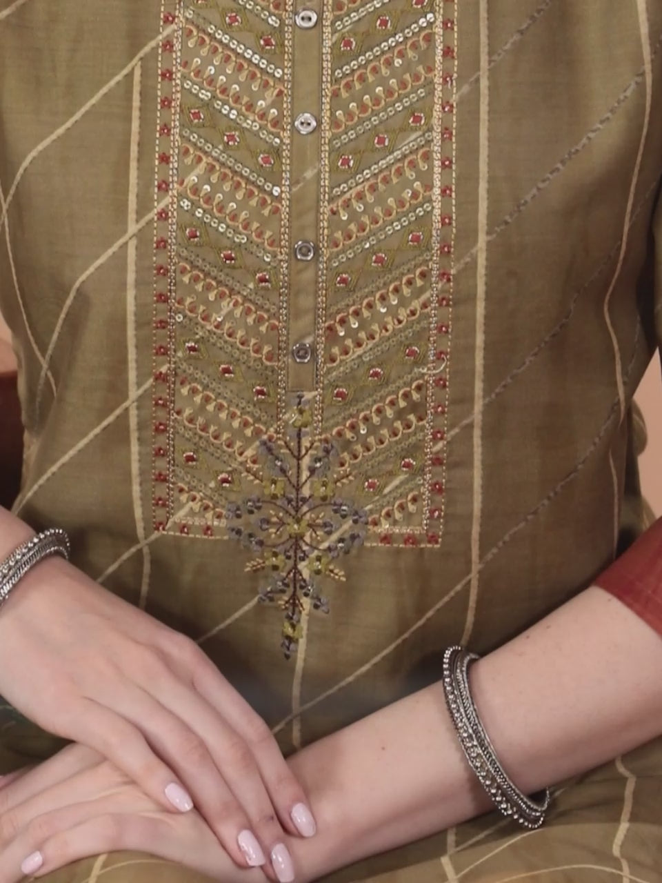 Olive Yoke Design Silk Blend Straight Kurta With Trousers & Dupatta