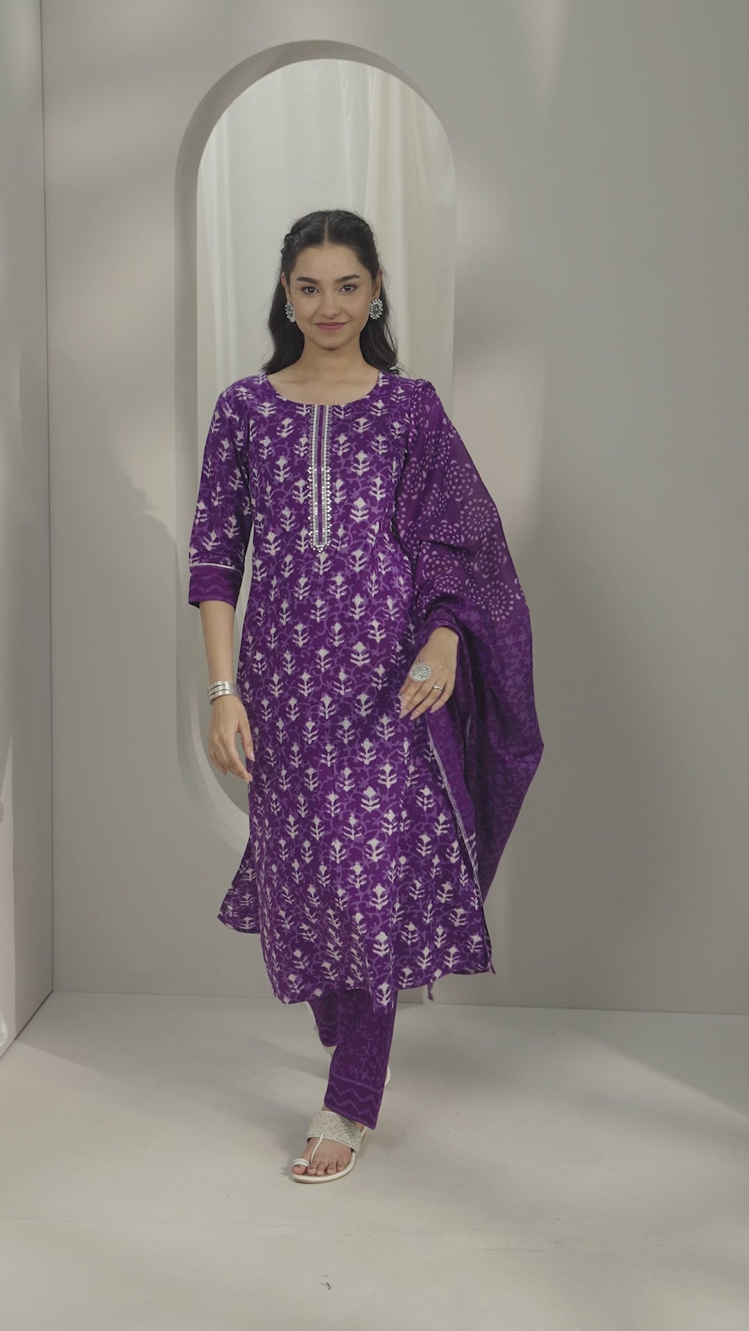 Buy Purple Printed Cotton Straight Suit Set With Dupatta Online at
