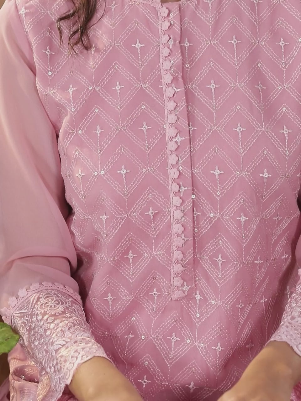  Pink Embroidered Georgette Straight Kurta With Trousers & Dupatta 