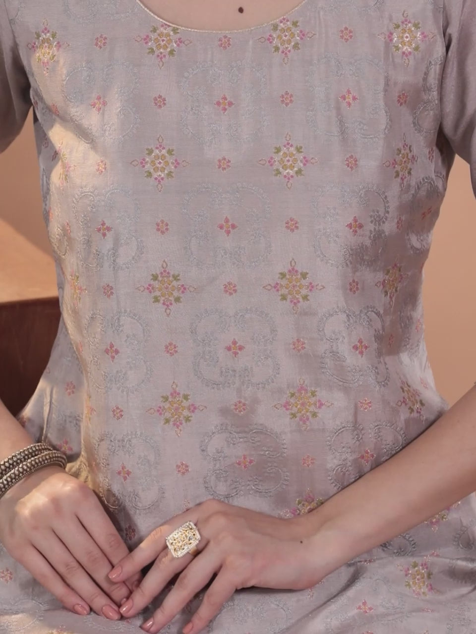  Grey Woven Design Silk Blend Straight Kurta With Trousers & Dupatta 
