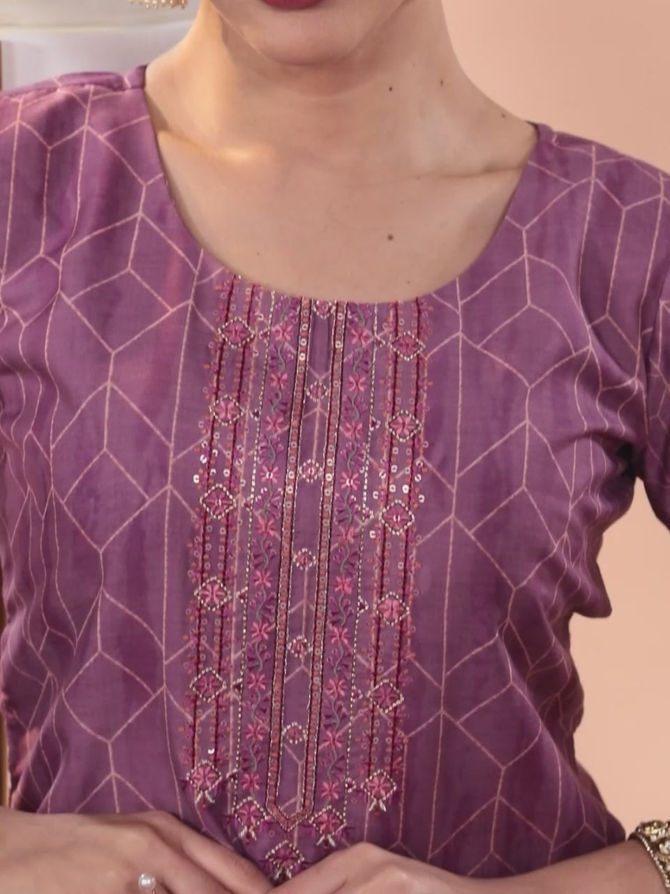  Purple Embroidered Silk Blend Straight Kurta With Trousers & Dupatta 