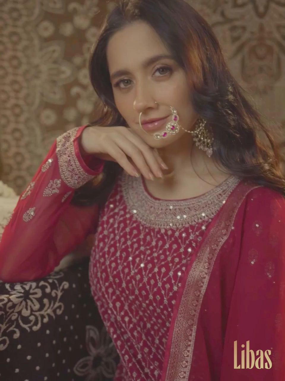  Libas Art Hot Pink Embroidered Georgette A-Line Sharara Suit Set With Dupatta 