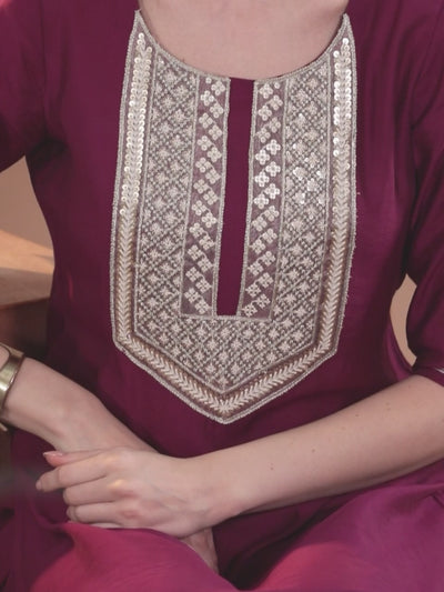 Wine Yoke Design Silk Blend Straight Suit With Dupatta
