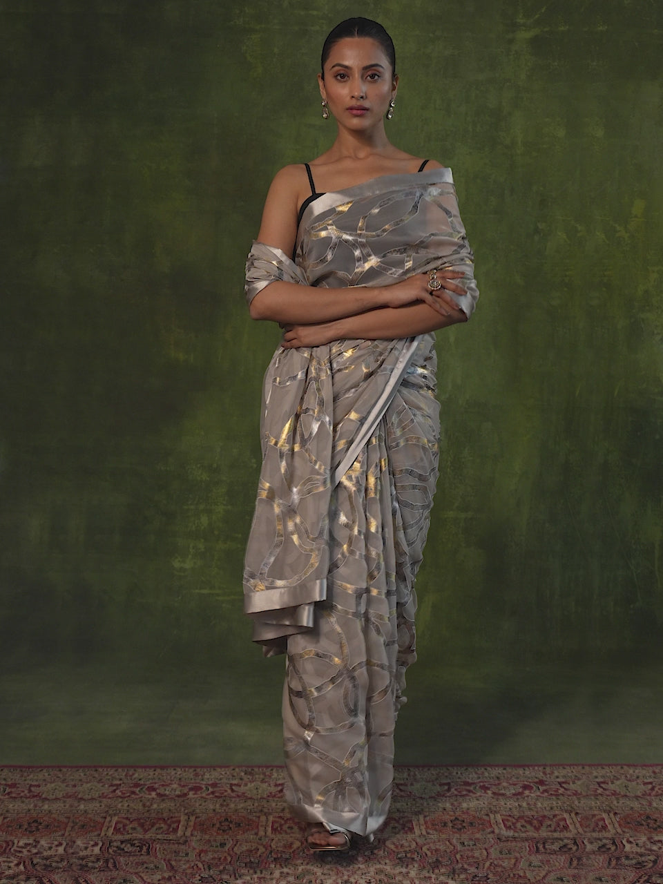 Grey Woven Design Brasso Saree With Unstitched Blouse Piece