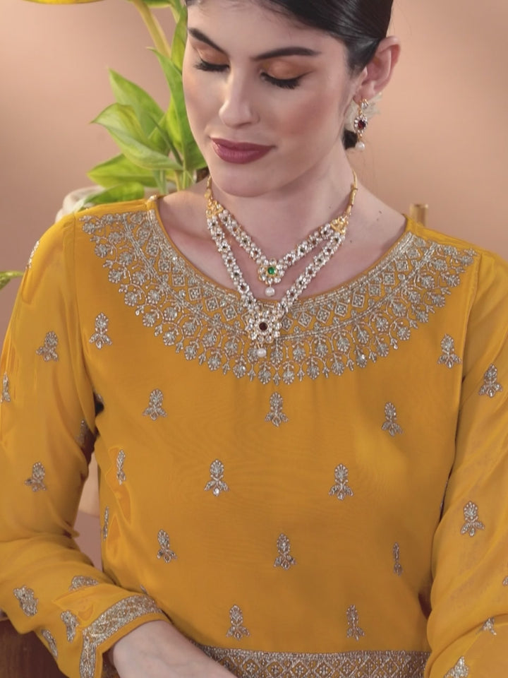 Mustard Embroidered Georgette A-Line Kurta With Palazzos & Dupatta