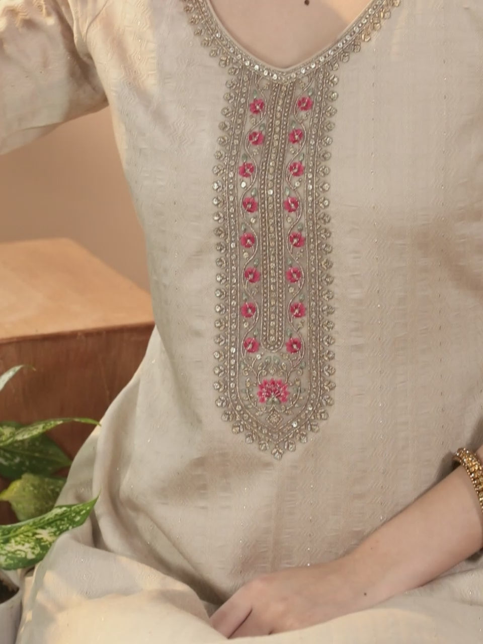 Taupe Self Design Rayon Straight Kurta With Trousers & Dupatta 