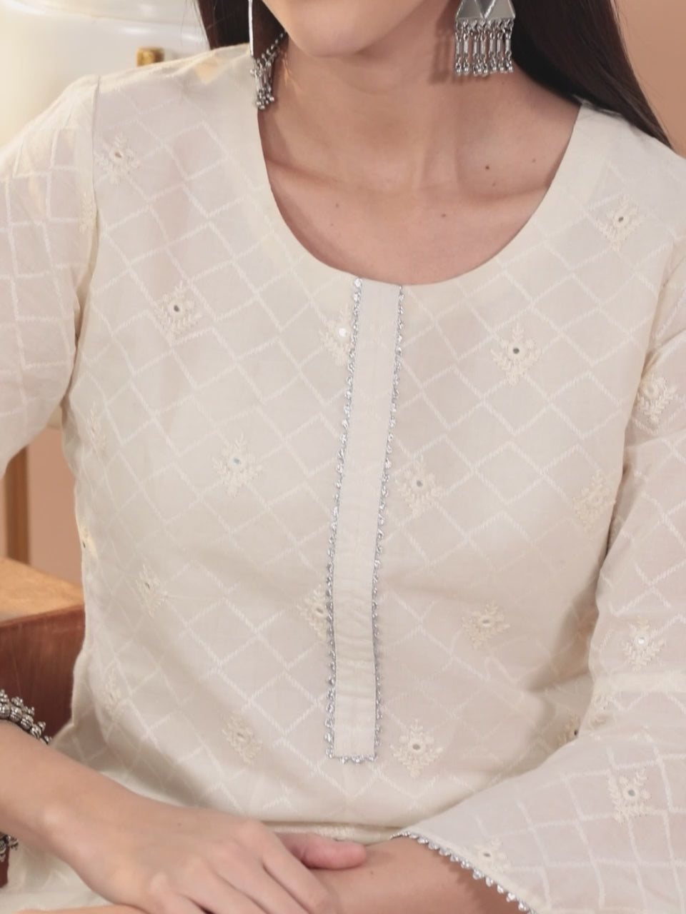  Off White Embroidered Cotton Straight Kurta With Palazzos & Dupatta 