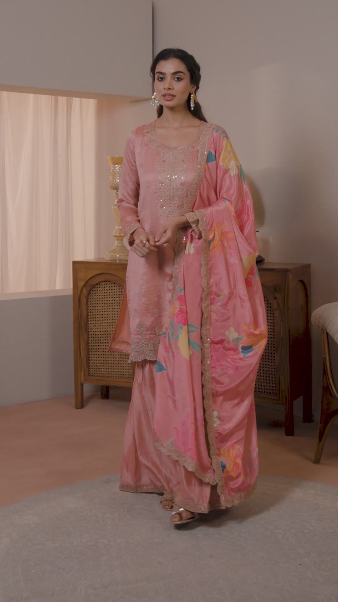  Pink Embroidered Silk blend Straight Suit Set With Dupatta 