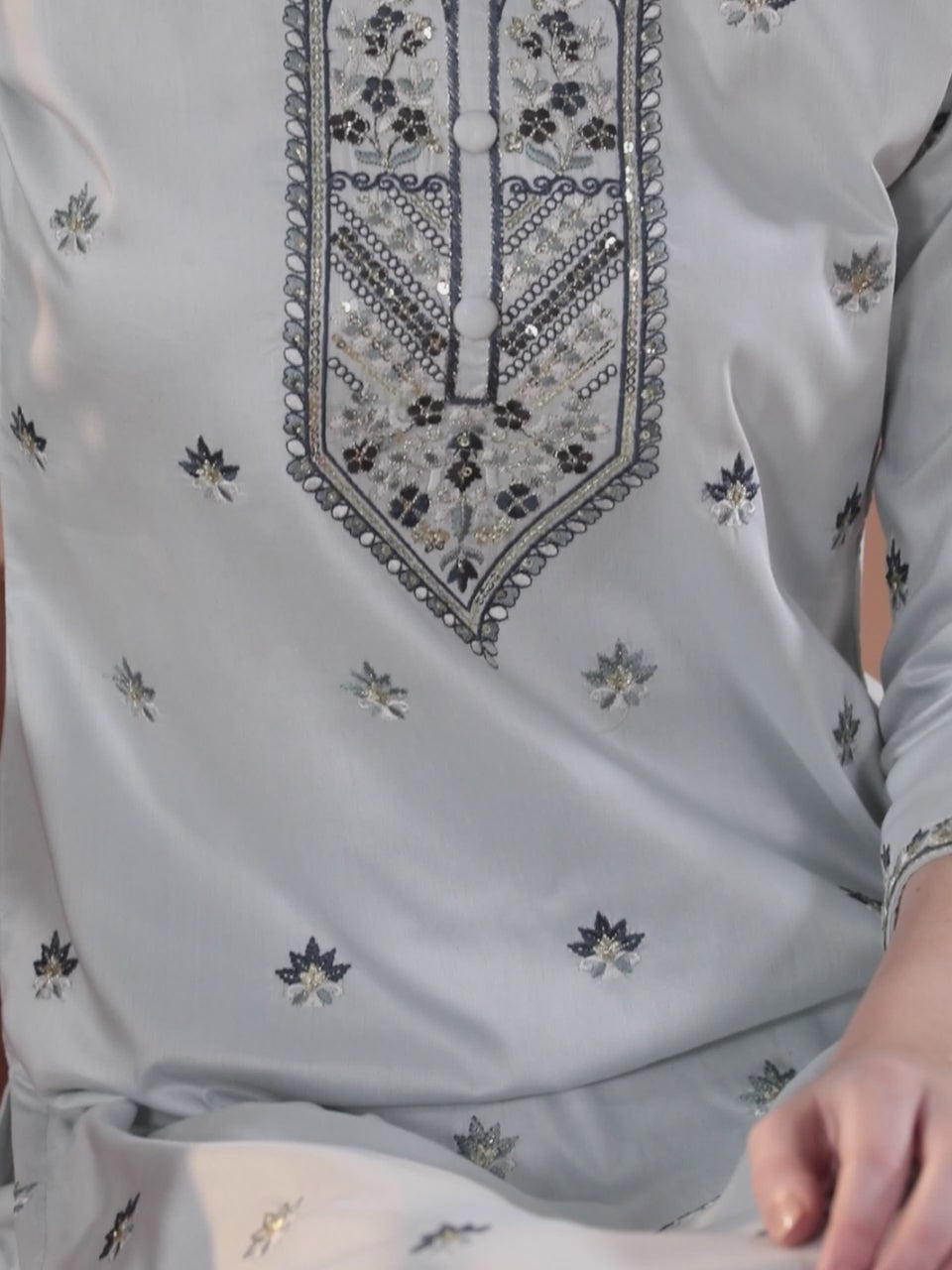 Grey Embroidered Silk Blend Straight Suit With Dupatta