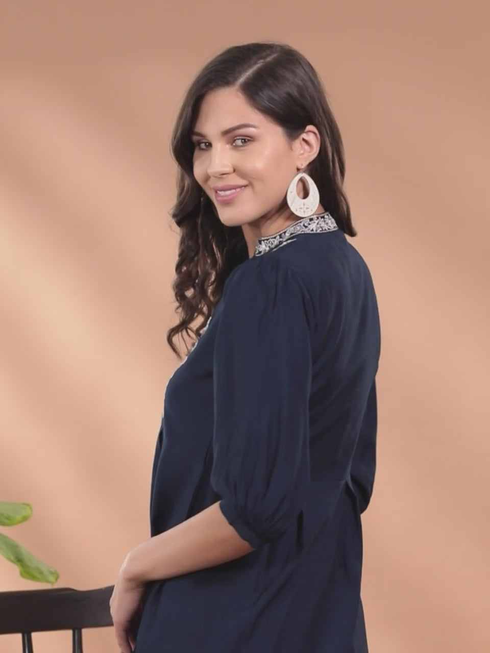  Navy Blue Embellished Silk Blend Tunic With Trousers 